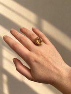 Solenne Ring gold pink oval stone worn on hand